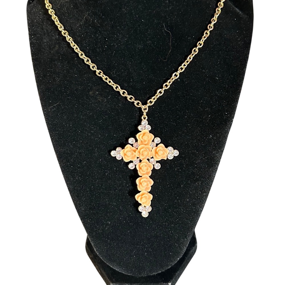 Gold Tone Peach Resin Rose Flower Cross Pendant Necklace Rhinestone Accents 32in